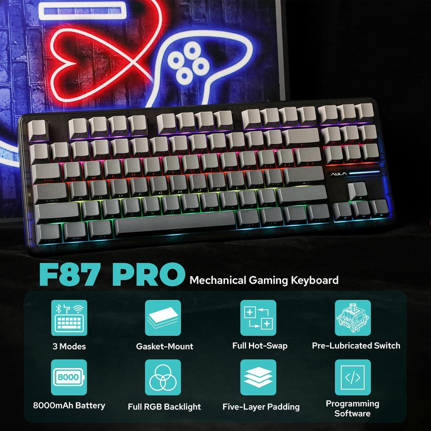 Teclado Mecánico Aula F87 Pro Inalámbrico.