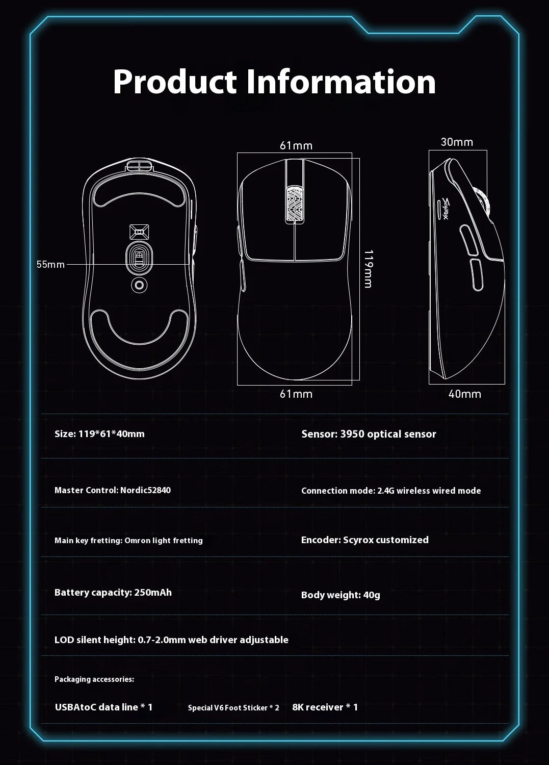 Mouse Gamer Scyrox V6 8Khz Inalámbrico Ultraligero